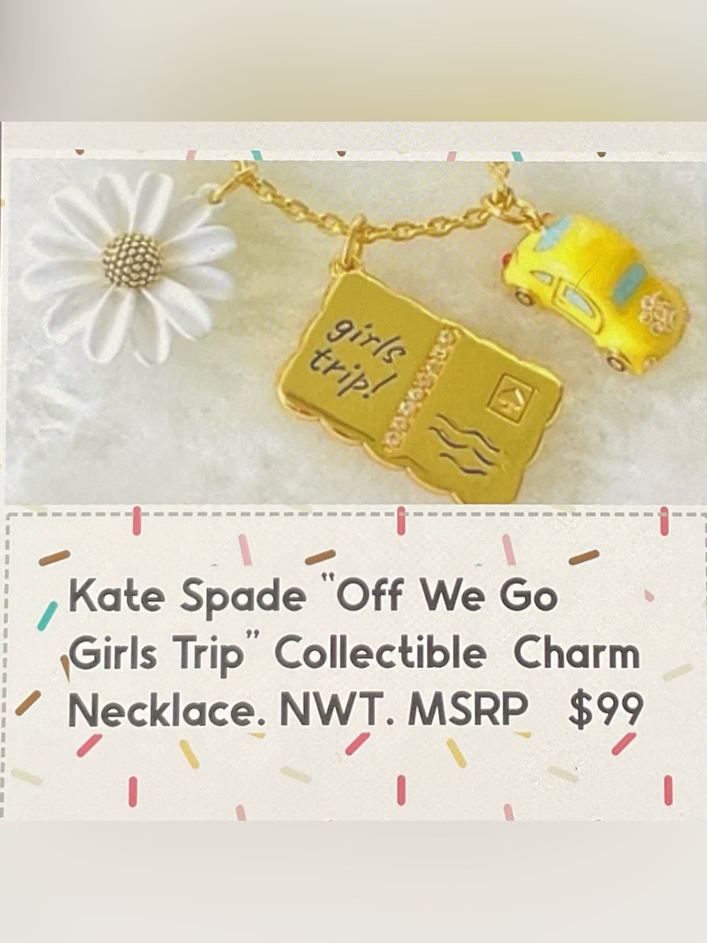 NWT Kate Spade Off We Go "Girls Trip" Charm Necklace Taxi Daisy Postcard MSR $99